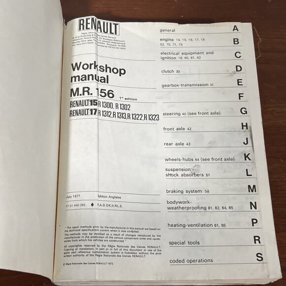 Renault 15 & 17 Factory Service Manual M.R 156 English Text 1st Edition 1971 - Picture 5 of 8